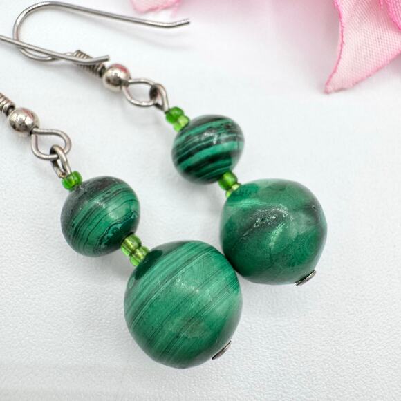Green Malachite Gemstone Bead Earrings Dangle Lapidary Gem Earthy Forestcore - Picture 3 of 12